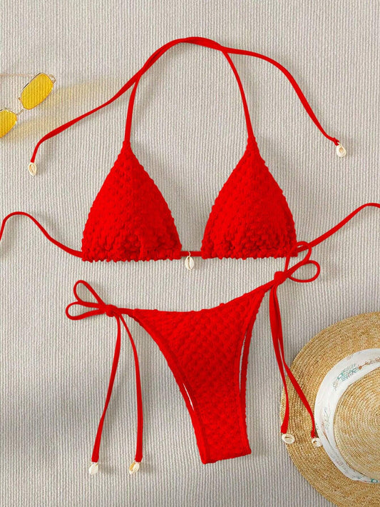 Bikini Rojo de Tejido Texturizado con Lazos