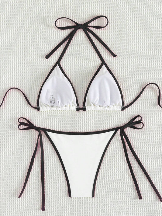 Bikini Blanco Con Ribete Negro Y Lazos Laterales Estilo Sexy