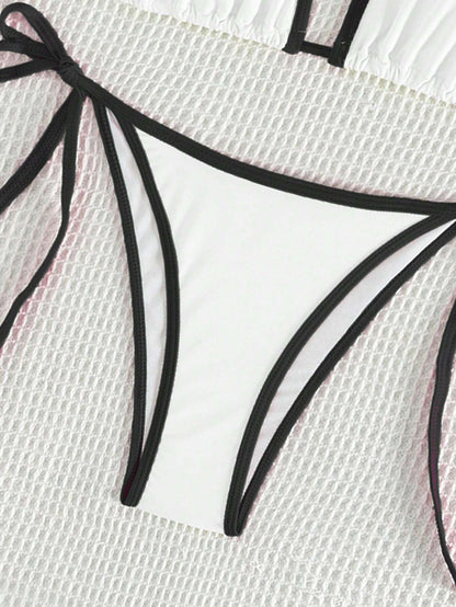 Bikini Blanco Con Ribete Negro Y Lazos Laterales Estilo Sexy