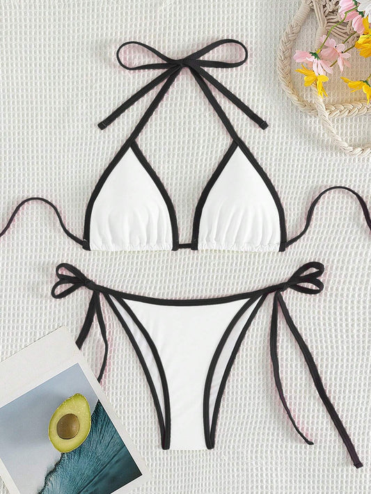 Bikini Blanco Con Ribete Negro Y Lazos Laterales Estilo Sexy