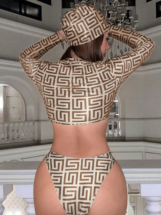 Set De Bikini Café Integral Con Top Manga Larga Y Gorro