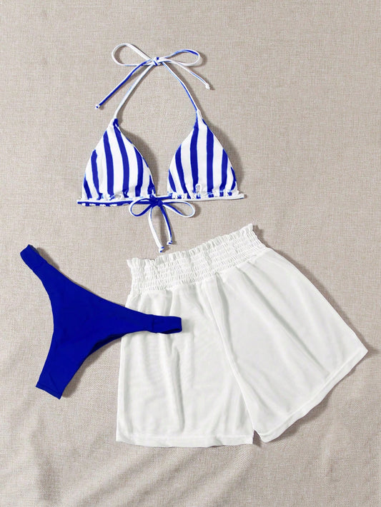 Bikini Halter A Rayas Azul Con Short Blanco