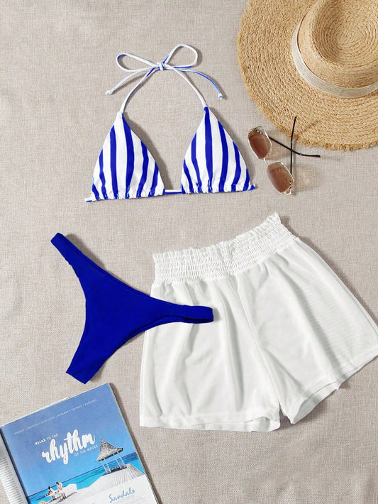 Bikini Halter A Rayas Azul Con Short Blanco
