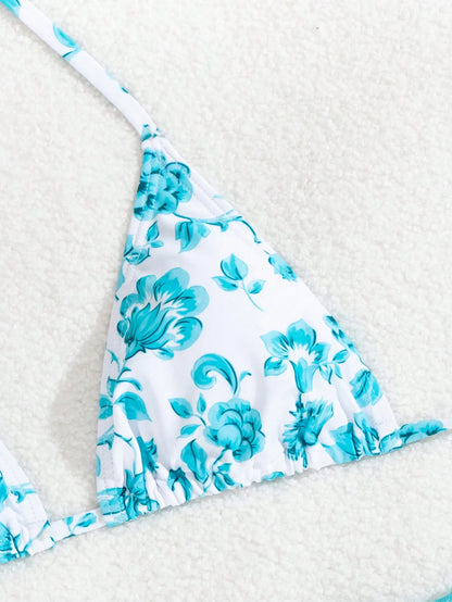 Bikini Halter Floral Verde Menta con Pareo a Juego