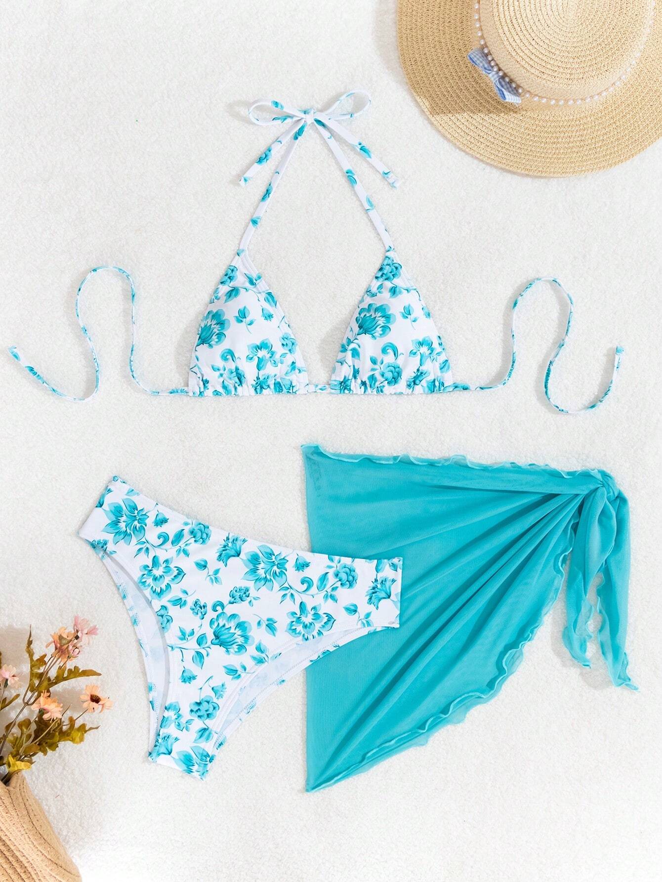 Bikini Halter Floral Verde Menta con Pareo a Juego