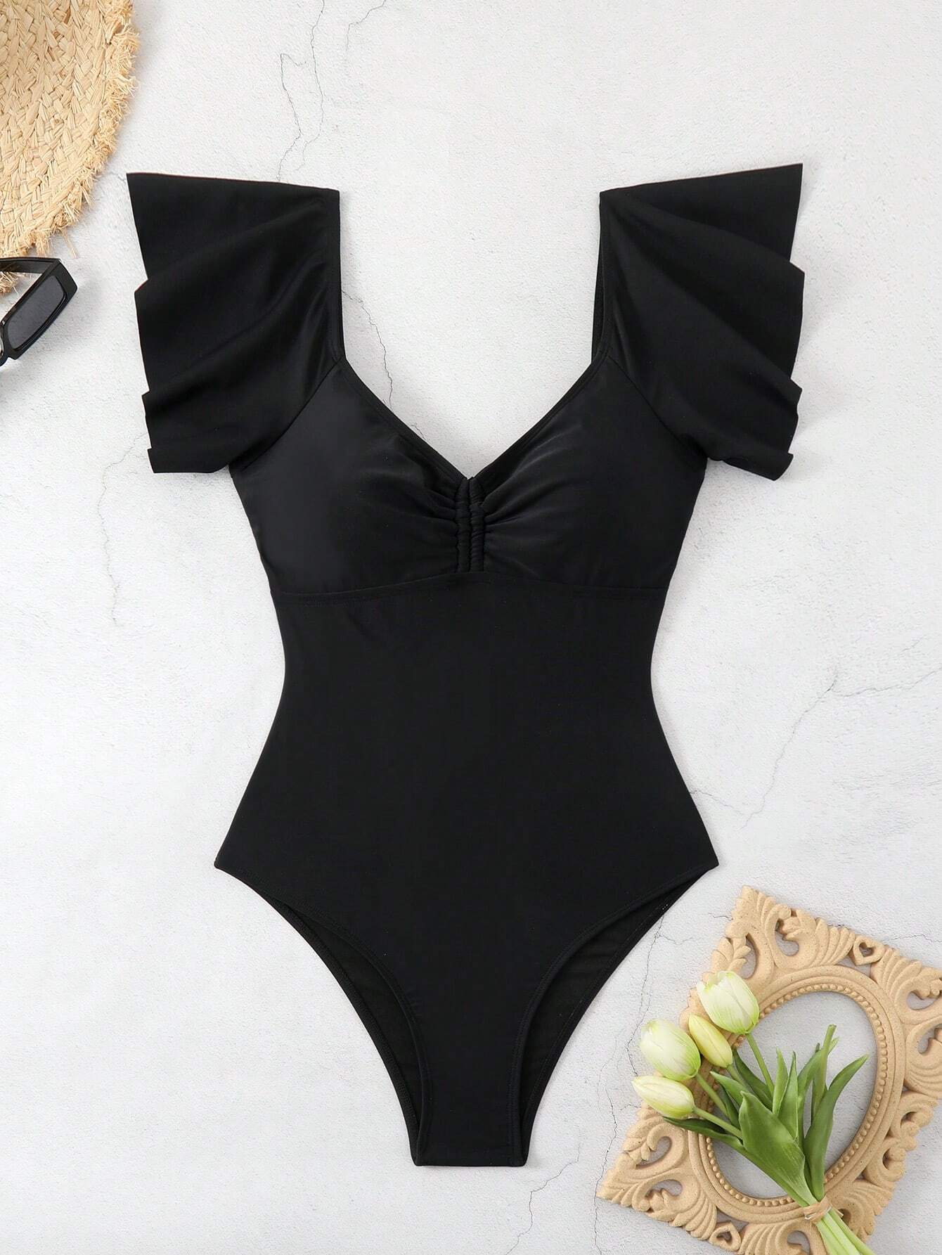 Traje de Baño Entero Negro con Mangas Voladas y Moño Decorativo