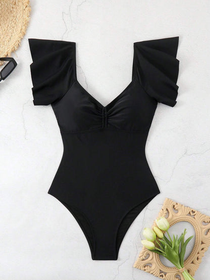 Traje de Baño Entero Negro con Mangas Voladas y Moño Decorativo