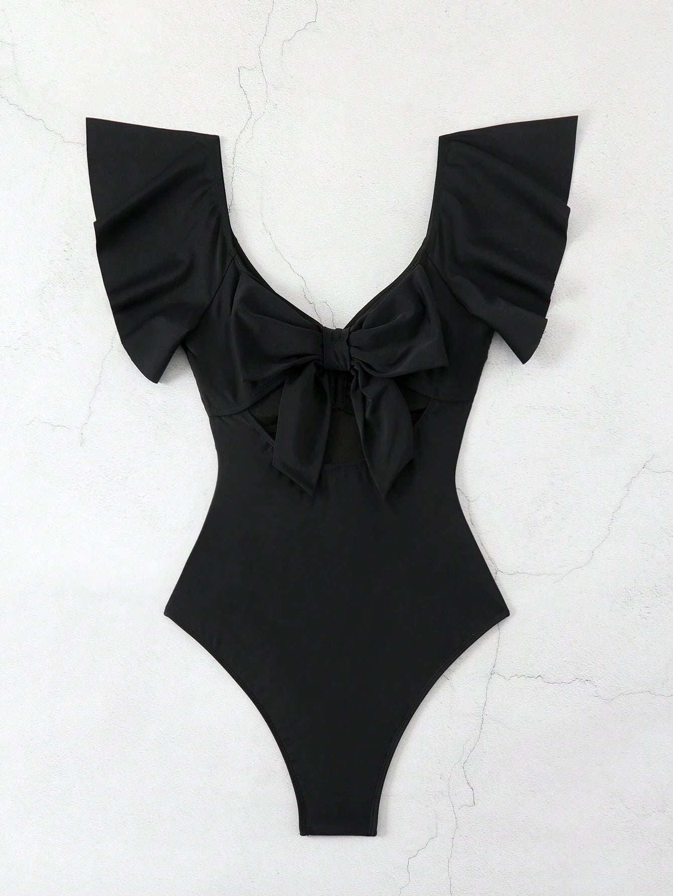 Traje de Baño Entero Negro con Mangas Voladas y Moño Decorativo