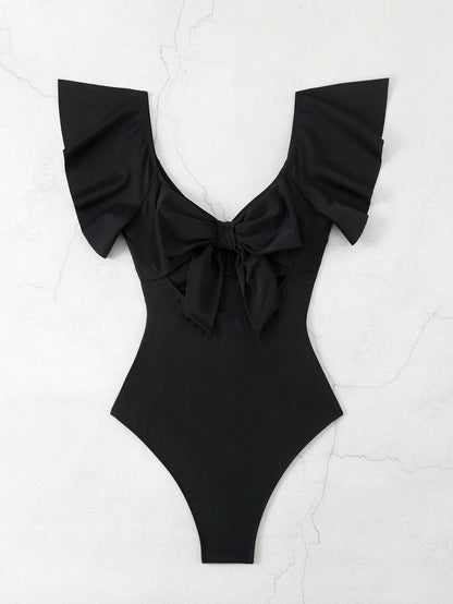Traje de Baño Entero Negro con Mangas Voladas y Moño Decorativo