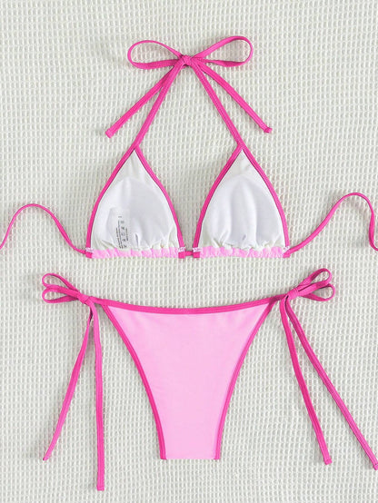 Bikini Sexy con Nudo Rosa Liso y Ribete en Contraste