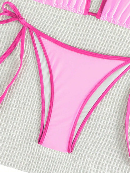 Bikini Sexy con Nudo Rosa Liso y Ribete en Contraste