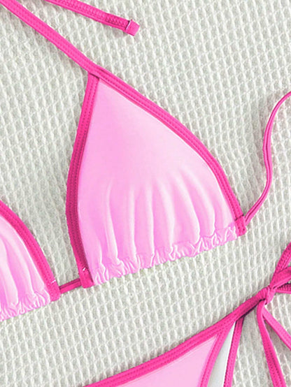 Bikini Sexy con Nudo Rosa Liso y Ribete en Contraste