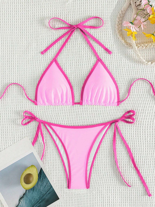 Bikini Sexy con Nudo Rosa Liso y Ribete en Contraste