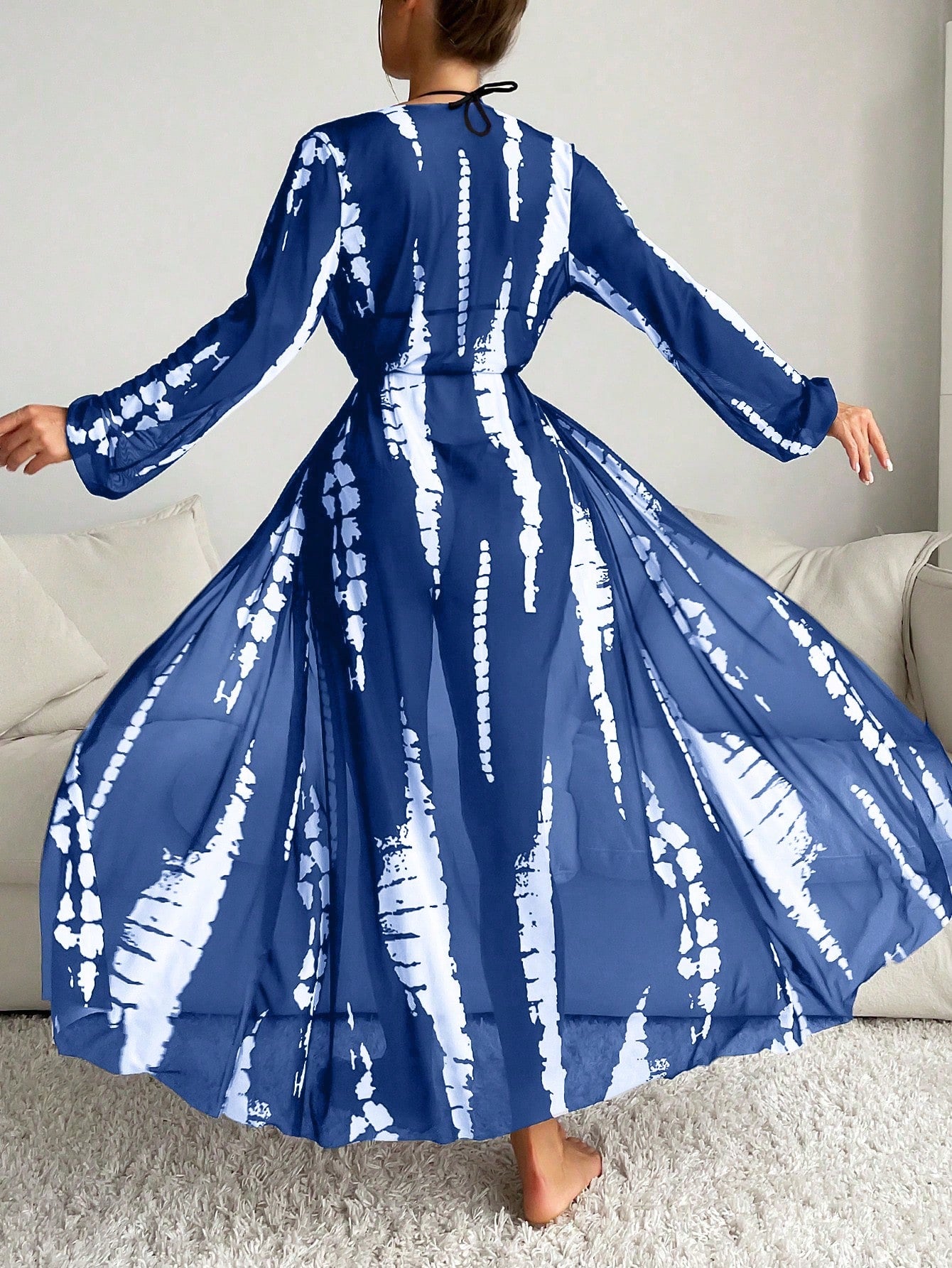 Kimono Largo Tie-Dye Azul Neblina con Cinturón y Lazo Frontal