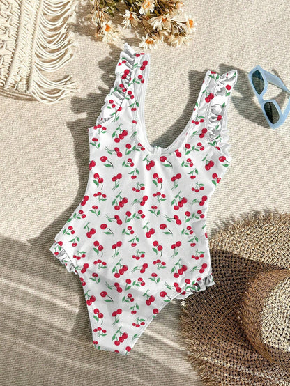Traje De Baño Enterizo Estampado De Cerezas Con Volantes