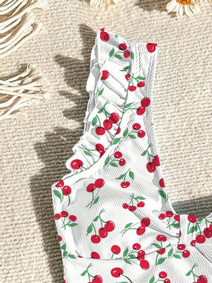 Traje De Baño Enterizo Estampado De Cerezas Con Volantes