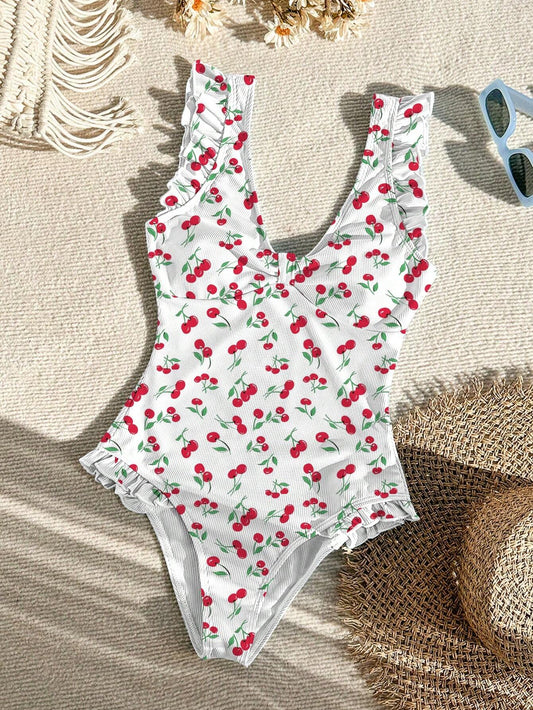 Traje De Baño Enterizo Estampado De Cerezas Con Volantes