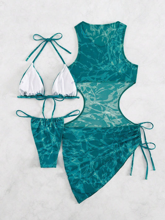 Bikini Sexy de Tres Piezas con Vestido Transparente Verde