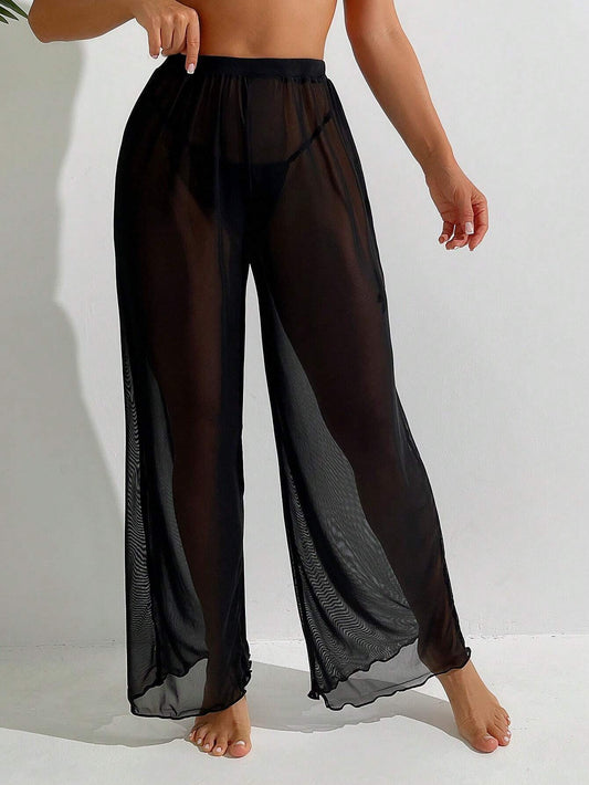 Pantalón Playero Transparente Negro Largo Con Tejido Liviano