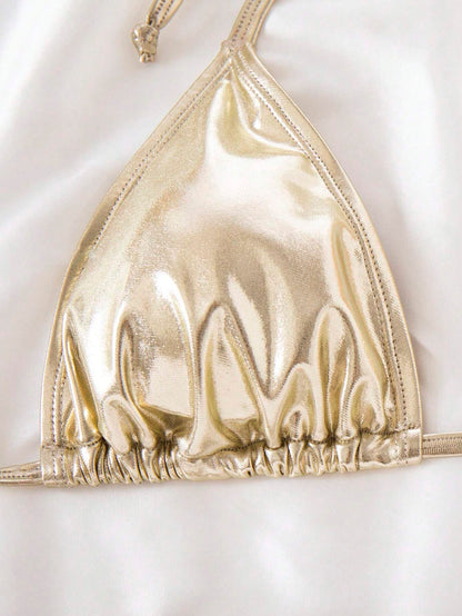 Bikini Metálico Dorado Halter con Lazo Lateral