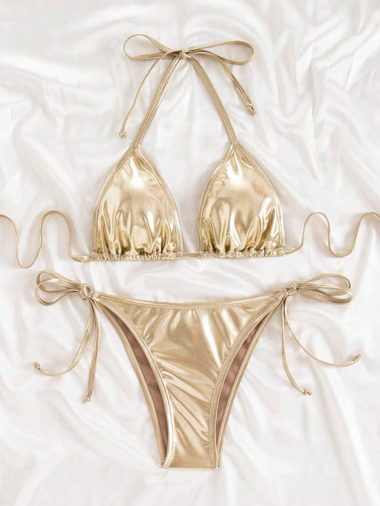 Bikini Metálico Dorado Halter con Lazo Lateral
