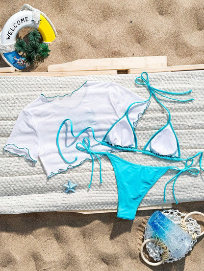 Bikini con Lazo y Ribete en Contraste para un Ajuste Perfecto Celeste