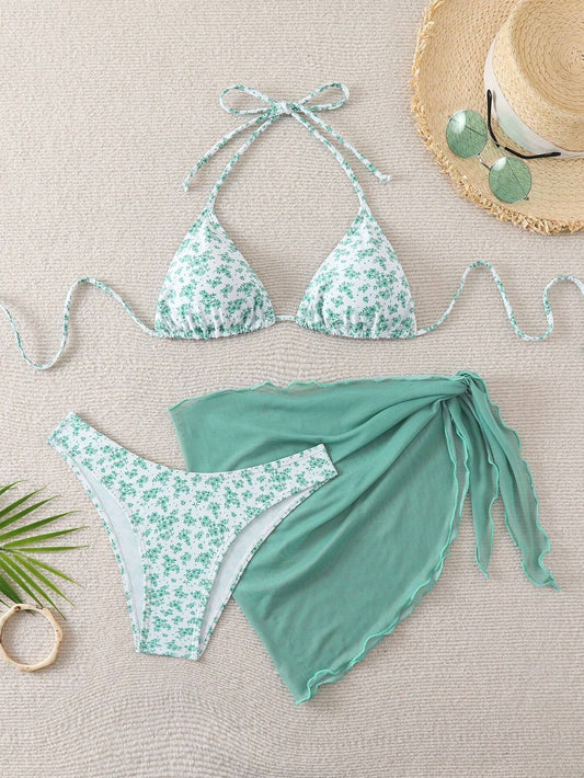 Bikini Con Pareo y Estampado Floral Verde