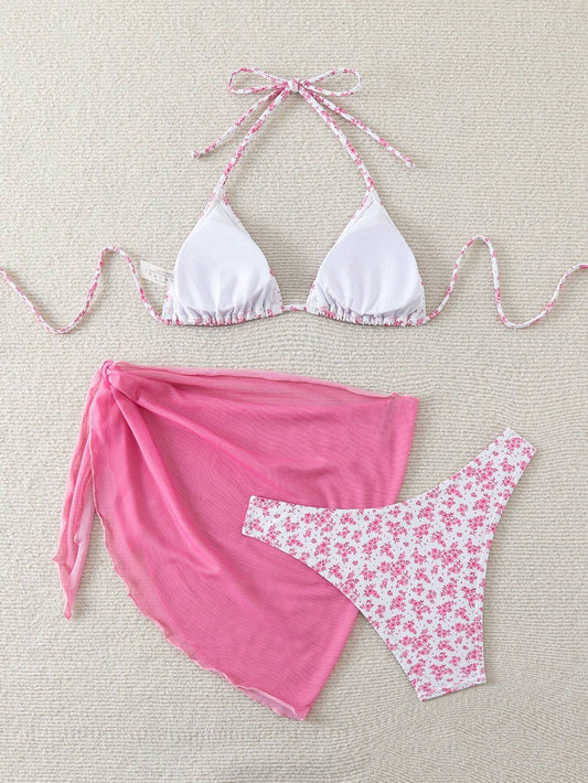 Bikini Con Pareo y Estampado Floral Rosa