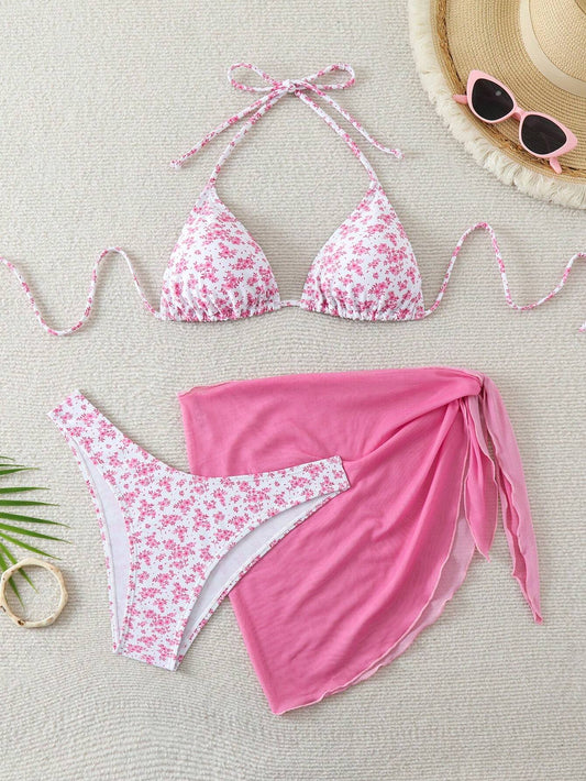 Bikini Con Pareo y Estampado Floral Rosa