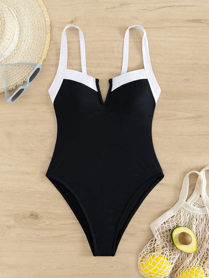 Traje De Baño Enterizo Con Ribete Blanco Y Escote En V