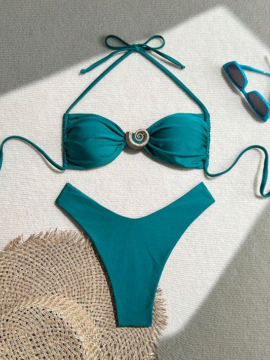 Bikini Sexy Verde Agua Con Aro Decorativo Y Corte Alto
