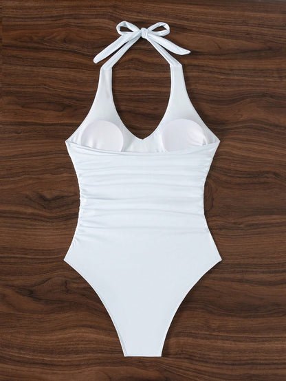 Traje De Baño Enterizo Blanco Con Volantes Y Escote Halter