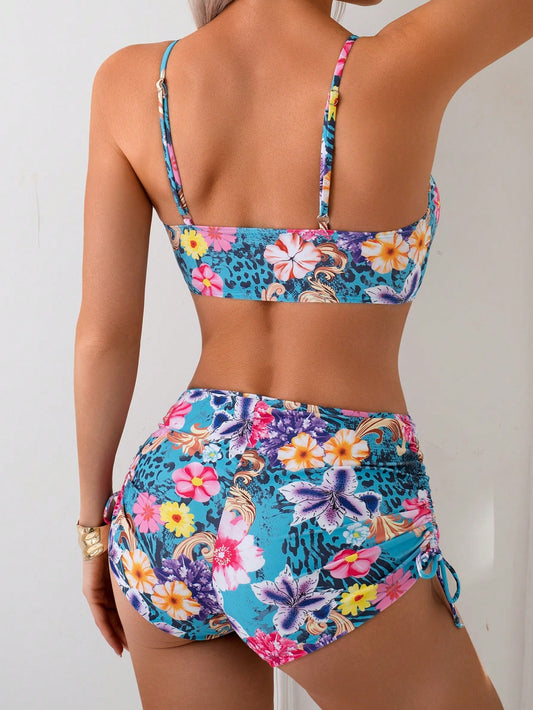 Bikini de Cintura Alta y Cordones Laterales Ajustables con Estampado Floral