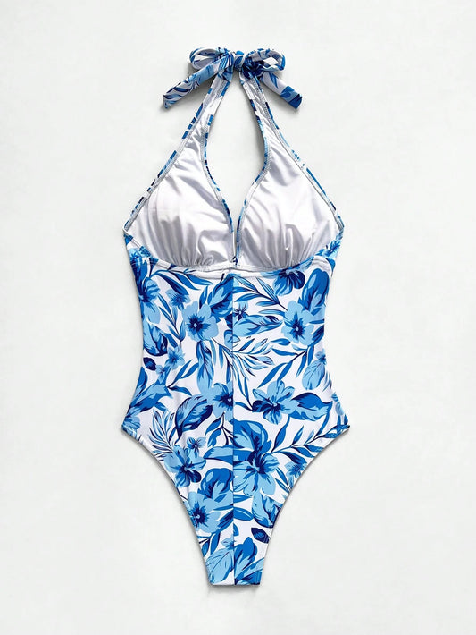Traje De Baño Entero Tropical Azul Y Blanco Con Fruncido Push Up