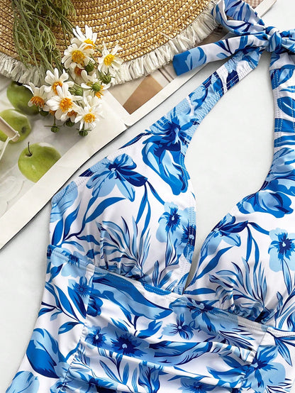 Traje De Baño Entero Tropical Azul Y Blanco Con Fruncido Push Up
