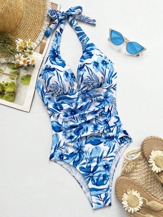 Traje De Baño Entero Tropical Azul Y Blanco Con Fruncido Push Up