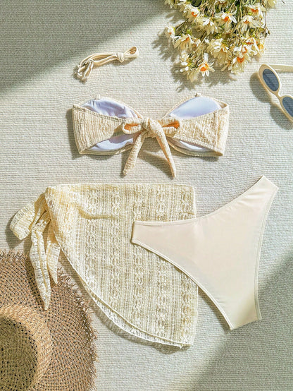 Set De Bikini Texturizado Albaricoque Con Falda Transparente