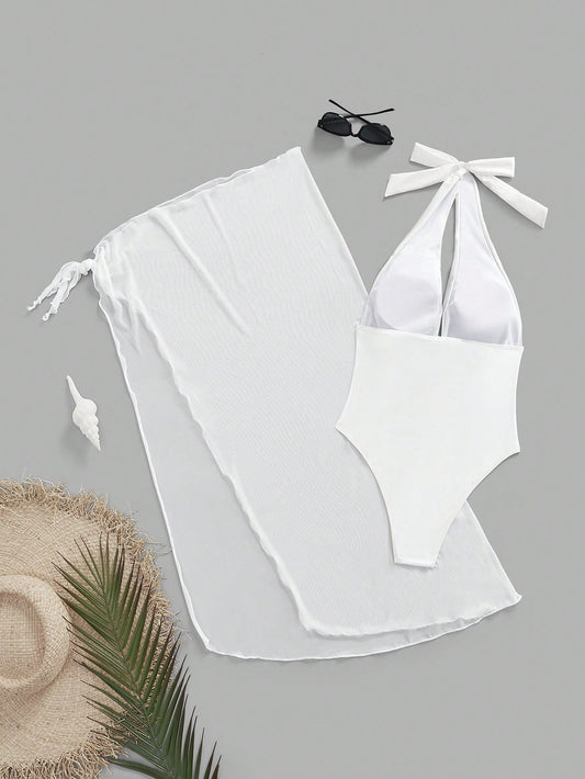Traje De Baño Blanco Halter Con Salida De Playa Incluida