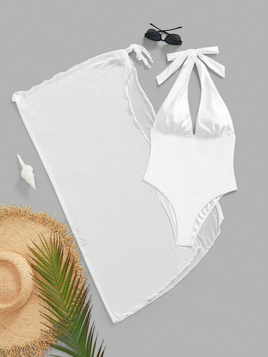 Traje De Baño Blanco Halter Con Salida De Playa Incluida