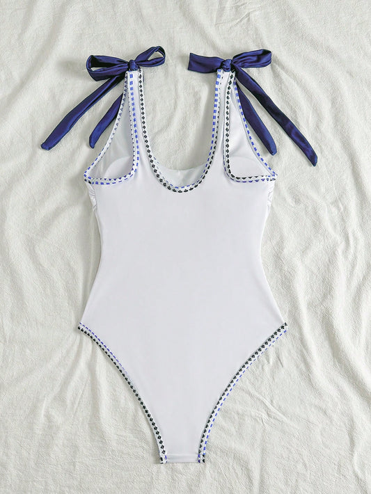 Traje De Baño Enterizo Bohemio Multicolor Con Lazos En Hombros