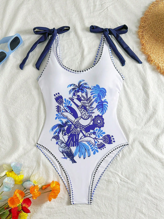 Traje De Baño Enterizo Bohemio Multicolor Con Lazos En Hombros