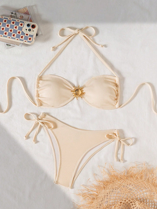 Bikini Albaricoque Texturizado Con Lazo Y Detalle Solar