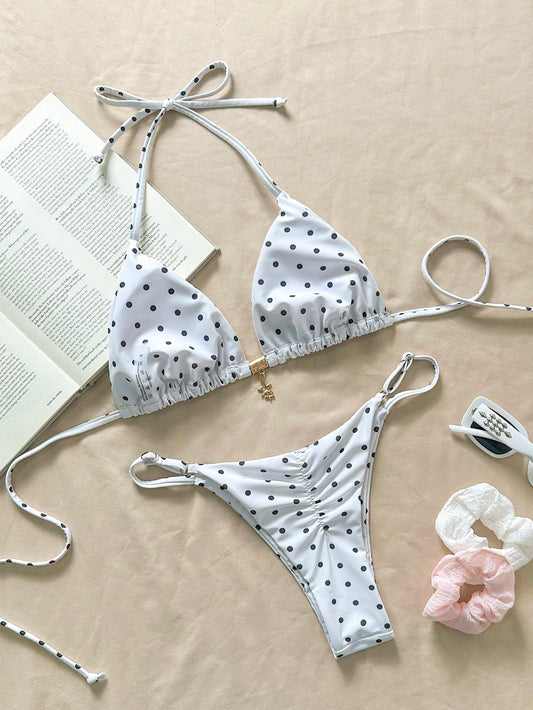 Bikini Triangular De Lunares Blanco Con Aro Decorativo