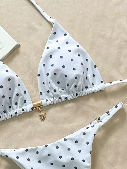 Bikini Triangular De Lunares Blanco Con Aro Decorativo