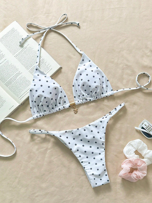 Bikini Triangular De Lunares Blanco Con Aro Decorativo