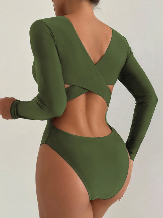 Traje De Baño Deportivo Verde Militar Espalda Abierta Y Manga Larga