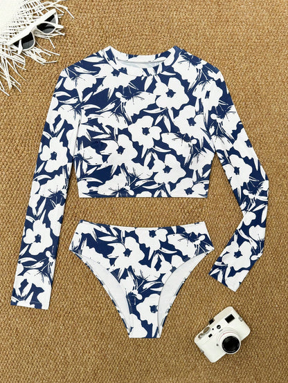 Set De Bikini Floral Manga Larga Azul Y Blanco