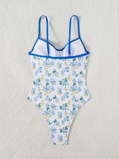 Traje De Baño Floral Multicolor Con Push Up Y Ribete Azul Cobalto