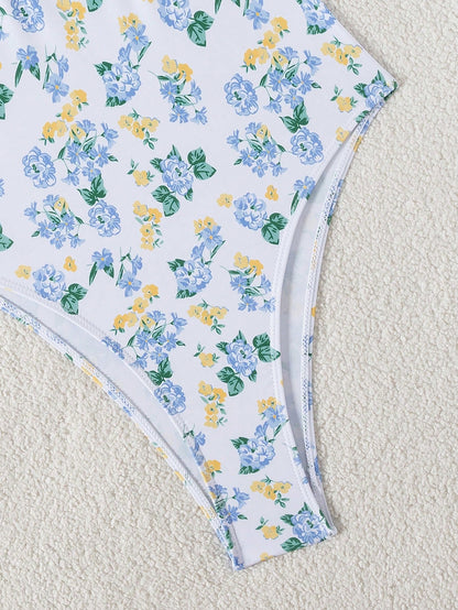 Traje De Baño Floral Multicolor Con Push Up Y Ribete Azul Cobalto