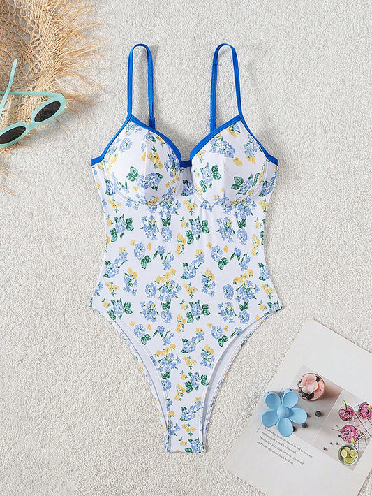 Traje De Baño Floral Multicolor Con Push Up Y Ribete Azul Cobalto